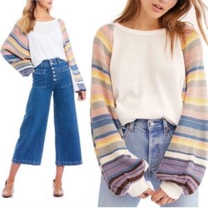 NWT Free People White Combo Oversize Knit Top - Size Medium